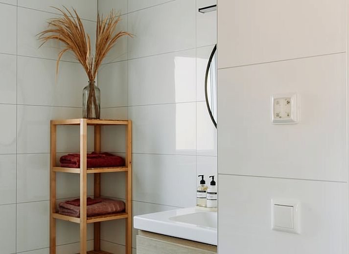 Modern bathroom in Holiday Home in Nunspeet, Veluwe, with stylish tile wall and artistic details.
