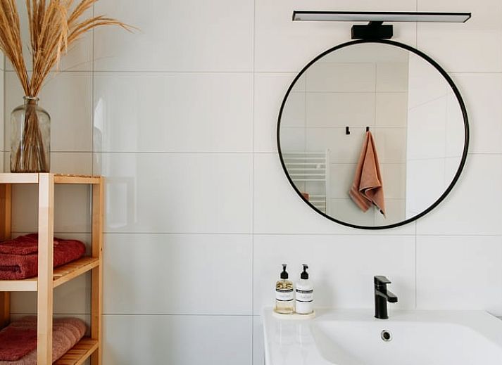 Modern bathroom in Holiday Home in Nunspeet, Veluwe, with stylish tile wall and artistic details.