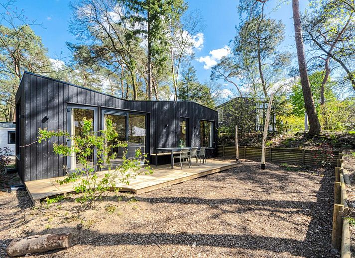 Vakantiehuis Mos in Nunspeet, Veluwe omringd door natuur, met ruim terras en moderne architectuur, ideaal voor ontspanning in Gelderland.