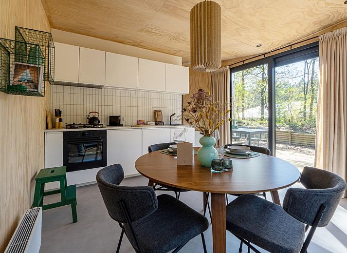 Vakantiehuis Mos in Nunspeet, Veluwe omringd door natuur, met ruim terras en moderne architectuur, ideaal voor ontspanning in Gelderland.