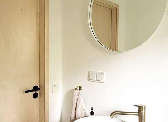 Stylish dining area in Cottage in Nunspeet, Veluwe, Gelderland with modern wooden furniture and views of nature.