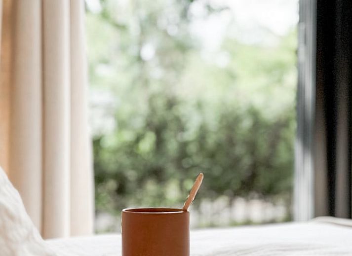 Stylish dining area in Cottage in Nunspeet, Veluwe, Gelderland with modern wooden furniture and views of nature.