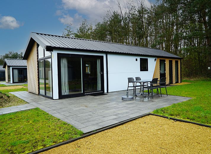 Gezellige woonkamer in Chalet in Nunspeet, Veluwe, met comfortabele hoekbank.
