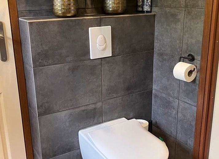 Cozy living room in Cottage in Lunteren, Veluwe, with wooden walls and comfortable sofas.