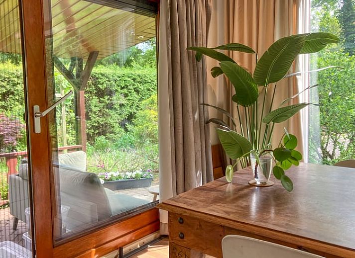 Cozy living room in Cottage in Lunteren, Veluwe, with wooden walls and comfortable sofas.