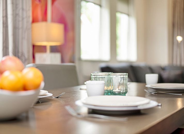 Cozy living room with fireplace in Landgoed 't Loo 4-person bungalow 4L1, Oldebroek, Veluwe.