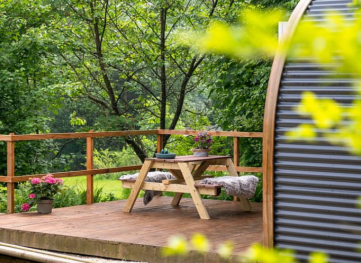 Vakantiehuisje in Rheden, Veluwe, Gelderland met charmante houten veranda omringd door groen.