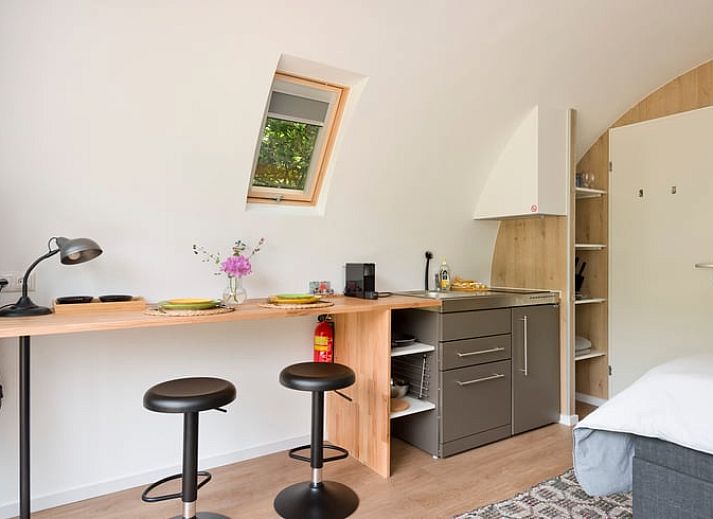 Gezellig terras bij Vakantiehuisje in Rheden, Veluwe, Gelderland met houten picknicktafel.