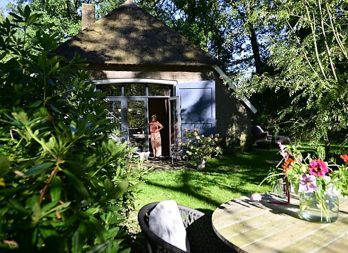 Cozy terrace at Cottage in Heerde, vacation home in the Veluwe, surrounded by flowers and greenery.