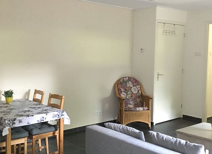 Blick auf einen gruenen Garten von der Terrasse eines Ferienhauses in Hattemerbroek, Veluwe, Gelderland.