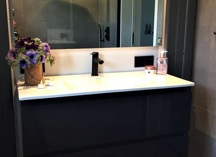 Voorzijde van Vakantiehuis in Wapenveld met rode bakstenen en bloemen, Veluwe, Gelderland.