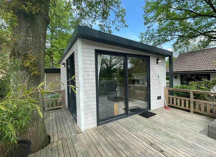 Moderne veranda van Vakantiehuis in Lieren, Veluwe, Gelderland, omgeven door groen en rust.