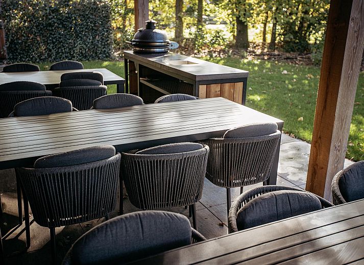 Zonovergoten gevel van Heide Villa, vakantiehuis in Wekerom, Veluwe, omgeven door natuur.