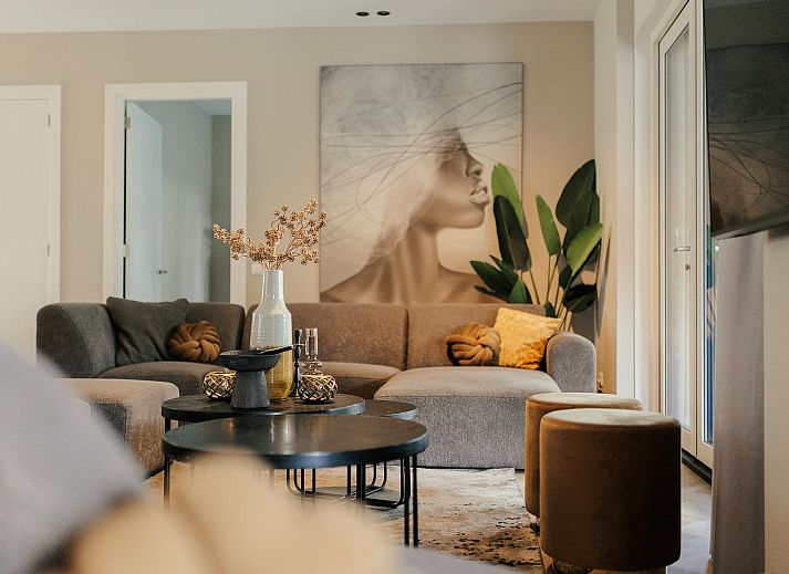 Zonovergoten gevel van Heide Villa, vakantiehuis in Wekerom, Veluwe, omgeven door natuur.