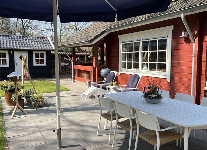 Boshuis Denne in Bennekom, Veluwe, Gelderland surrounded by green nature and colorful flowers at vacation home.