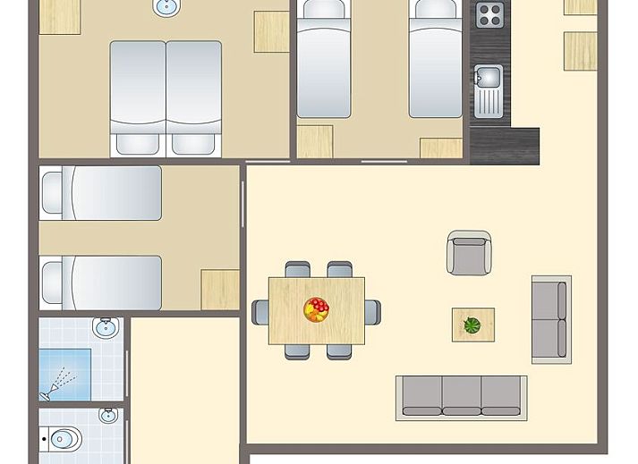 Open doorgang naar slaapkamers in Coldenhove 6-persoons hondenbungalow, Eerbeek, Gelderland.