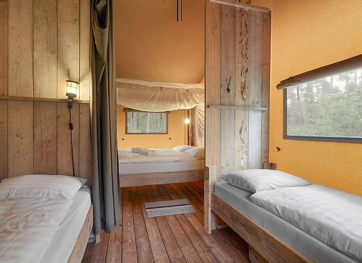 Innenraum des Coldenhove Safarizeltes in Eerbeek mit hoelzernem Interieur, Veluwe, Gelderland.