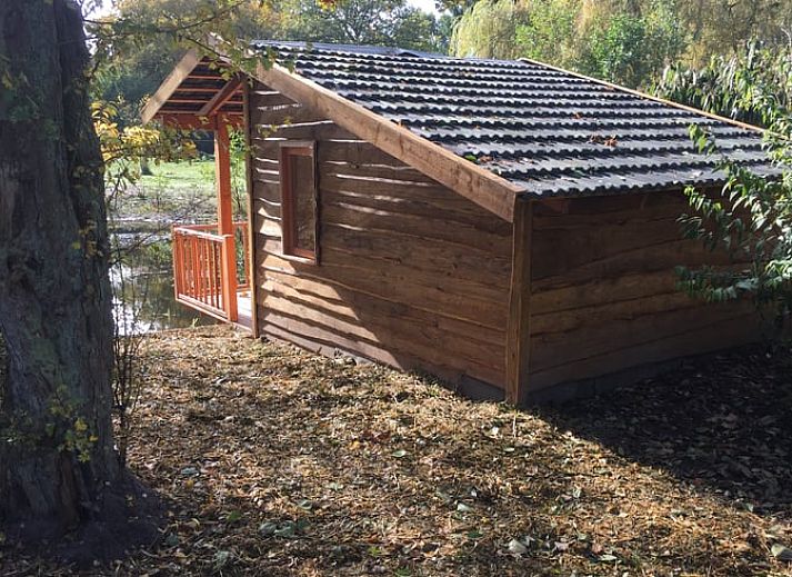 Gemuetliches Ferienhaus in Wenum Wiesel, Veluwe, Gelderland mit Holzveranda am Wasser, umgeben von Natur und Stille.