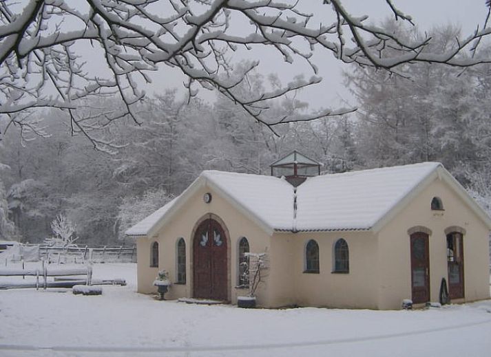 Cozy dining room in Holiday Home in Wenum Wiesel, Veluwe, with wooden table and chairs.