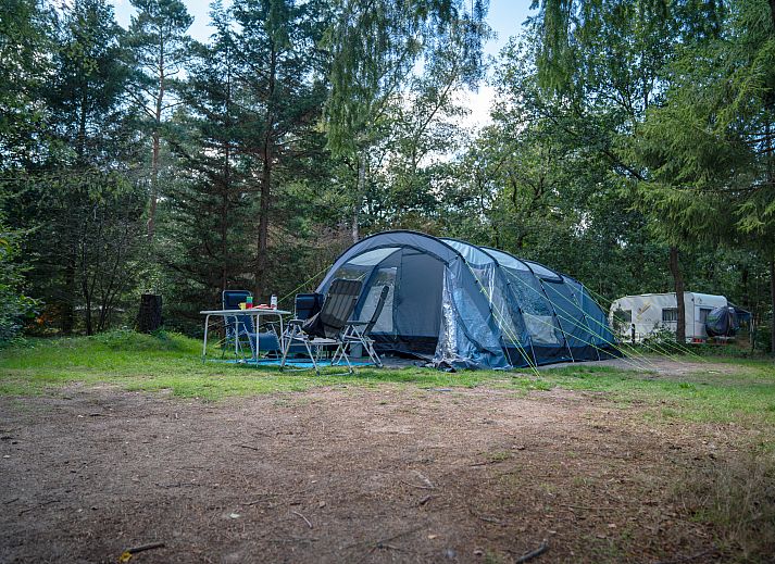 Enjoy nature at Rabbit Hill in Nieuw Milligen, Veluwe. Comfort camping site C10+ with spacious tent and outdoor seating in wooded area.