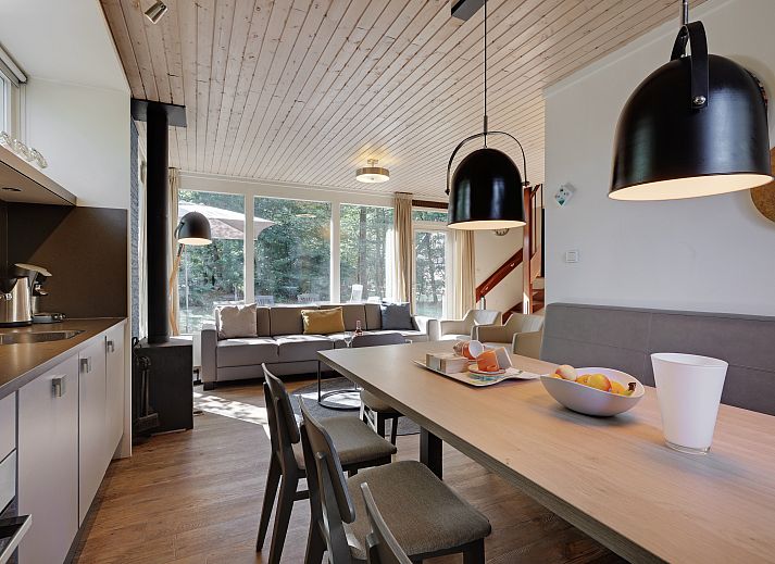 Lichte woonkamer van Rabbit Hill 8-persoons bungalow 8C in Nieuw Milligen, Veluwe, met grote ramen en uitzicht op de natuur.