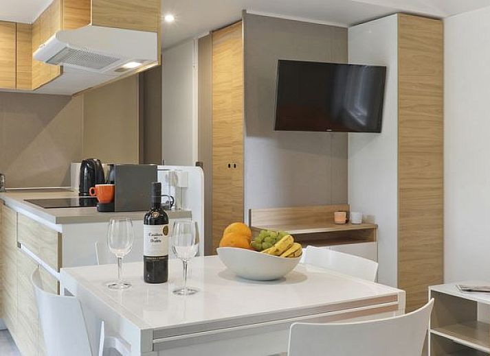 Modern kitchen and living room in Rabbit Hill 6-person mobile home, Nieuw Milligen, Veluwe, Gelderland