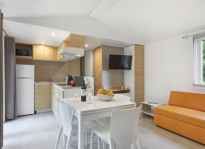 Dining area with glass doors to terrace in Rabbit Hill 6-person mobile home, Nieuw Milligen, Veluwe