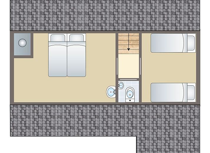 Floor plan of Rabbit Hill 8-person bungalow in Nieuw Milligen, Veluwe with spacious living room and terrace.