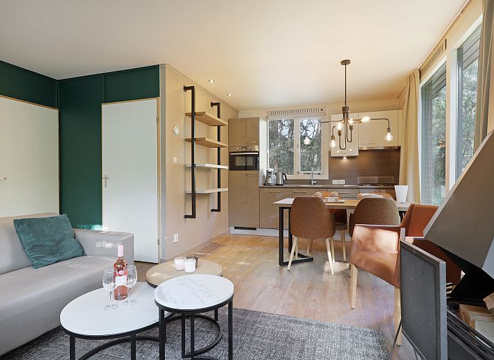 Modernes Wohnzimmer des Bungalows Rabbit Hill 4CE an der Veluwe in Gelderland.