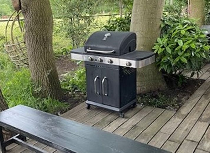 Terrasse mit Blick auf gruene Felder im Ferienhaus in Nijkerk, Veluwe.