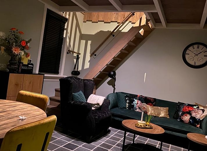 Gezellige woonkamer in Vakantiehuisje in Kootwijkerbroek, Veluwe, met comfortabele bank en decoratieve kussens.