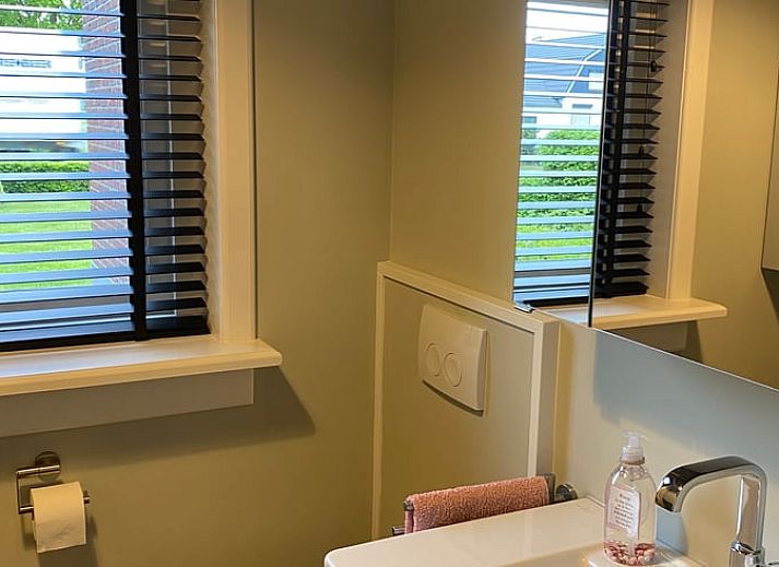 Buitenterras van Vakantiehuisje in Kootwijkerbroek, Veluwe, met zitje en parasol in een groene omgeving.