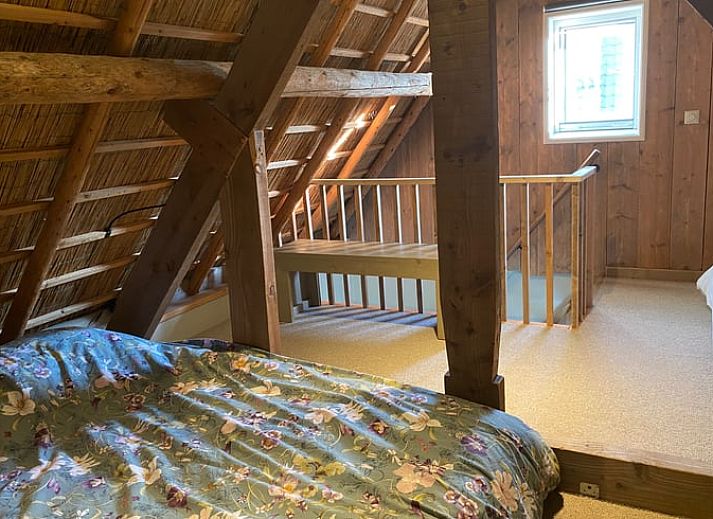 Buitenterras van Vakantiehuisje in Kootwijkerbroek, Veluwe, met zitje en parasol in een groene omgeving.