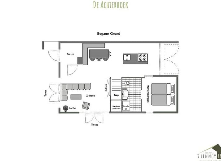 Gezellige eetruimte in Huisje in Veessen, vakantiehuis op de Veluwe, met houten meubels en sfeervolle verlichting.