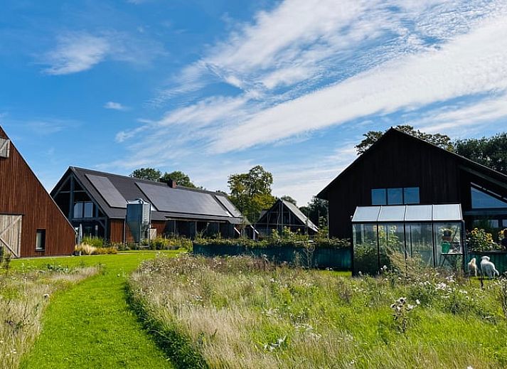 Moderne keuken in Huisje in Veessen, vakantiehuis op de Veluwe, met open planken en strakke inrichting.