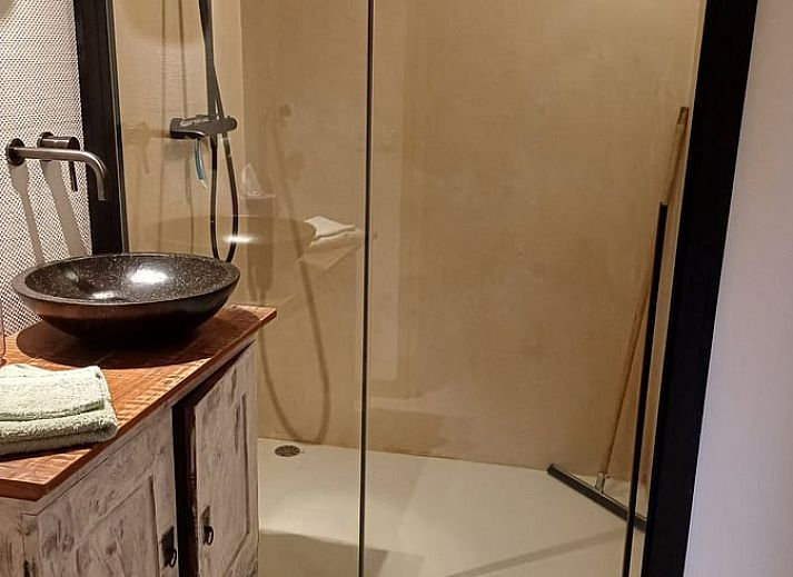 Charmante veranda bij Vakantiehuisje in Uithuizermeeden, Noordoost Groningen, omringd door bloemen en groen.