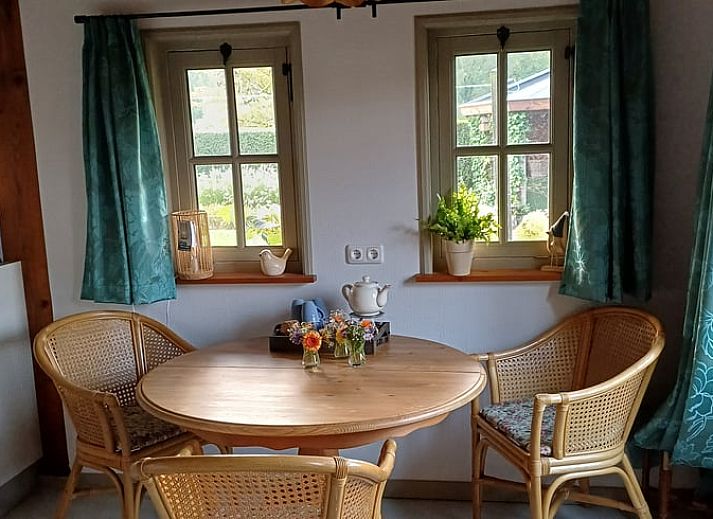 Charmante veranda bij Vakantiehuisje in Uithuizermeeden, Noordoost Groningen, omringd door bloemen en groen.