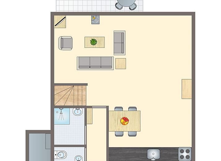 Front view of Natuurdorp Suyderoogh 4-person bungalow in Lauwersoog, Groningen, surrounded by greenery.