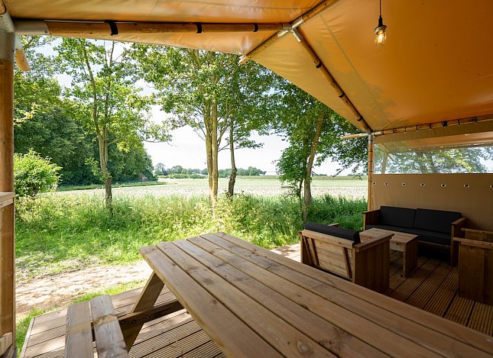 Veranda of Safari Tent 8 in Vierhuizen, Groningen, overlooking nature and other glamping lodges.