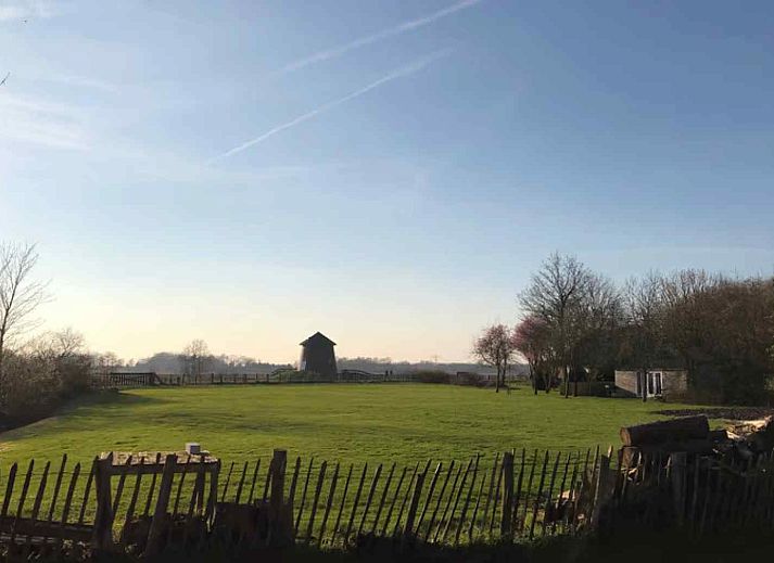 Uitzicht op de landelijke omgeving van GR029 vakantiehuis in Tripscompagnie, Groningen met groene velden.
