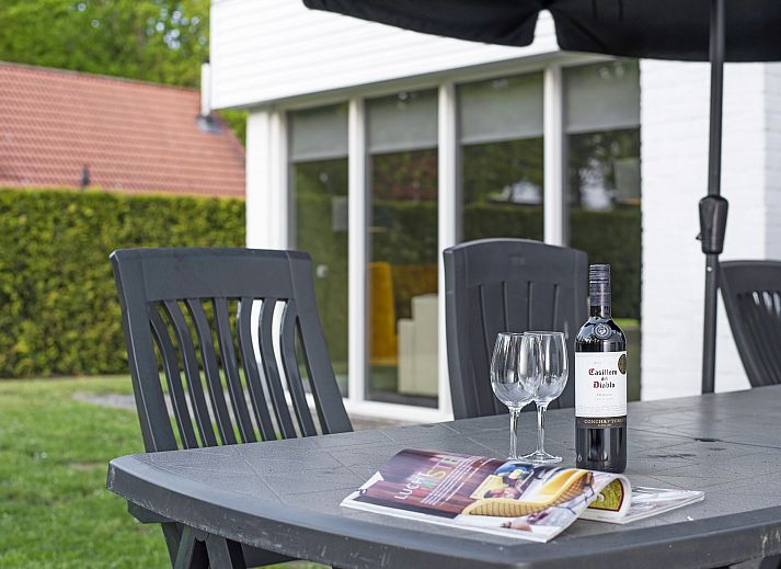 Detail of fireplace and wine in Landgoed Aerwinkel bungalow, Posterholt, Limburg.