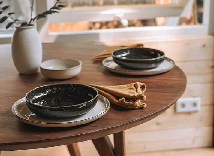 Gemuetliche Einrichtung des Ferienhauses in Meijel, Limburg, mit Retro-Radio und Buecherregal.