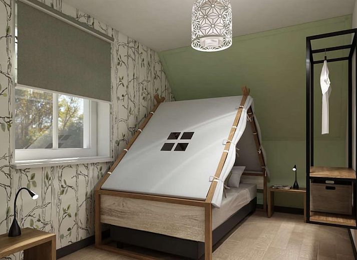 Gemuetliches Wohnzimmer des Kids Special 8 Ferienhauses in Thorn, Mittellimburg mit moderner Einrichtung und bequemer Sitzecke.