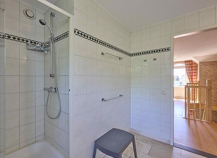 Covered terrace of Lionshuis vacation home in Panningen, Limburg overlooking the garden.