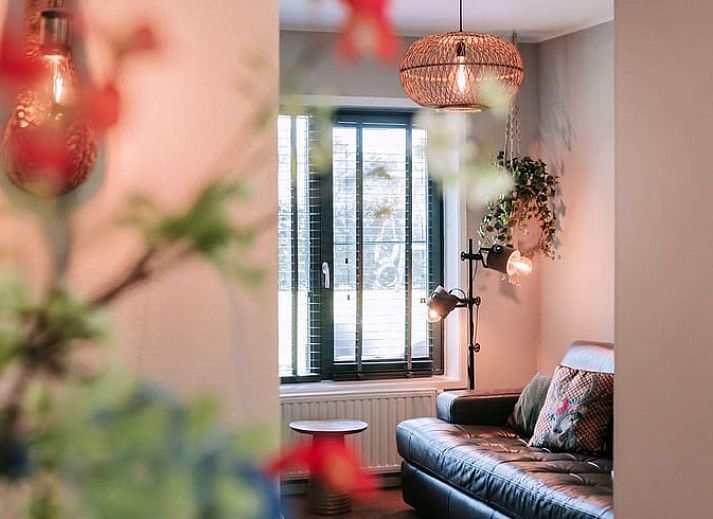 Gezellig terras bij Vakantiehuis in Well, Noord Limburg met eettafel en bloemen.