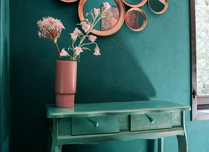 Moderne woonkamer in Vakantiehuis in Well, Noord Limburg met televisie en decoratief haardstuk.
