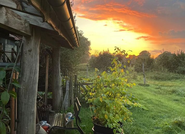 Gezellig Vakantiehuisje in Afferden, Limburg, met houten ingang en natuurlijke omgeving.