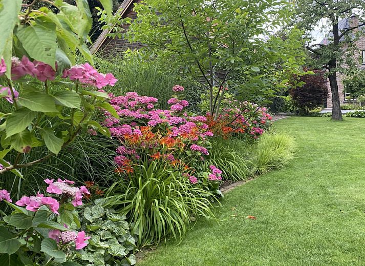 Restful garden at vacation home L185 in Baarlo, North Limburg, surrounded by blooming flowers and green nature.