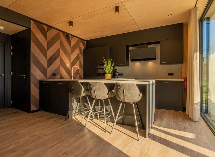 Luxury living room of Bos Villa in Maasbree, North Limburg, vacation home for 8 people overlooking terrace and nature.