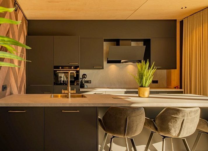 Luxury living room of Bos Villa in Maasbree, North Limburg, vacation home for 8 people overlooking terrace and nature.